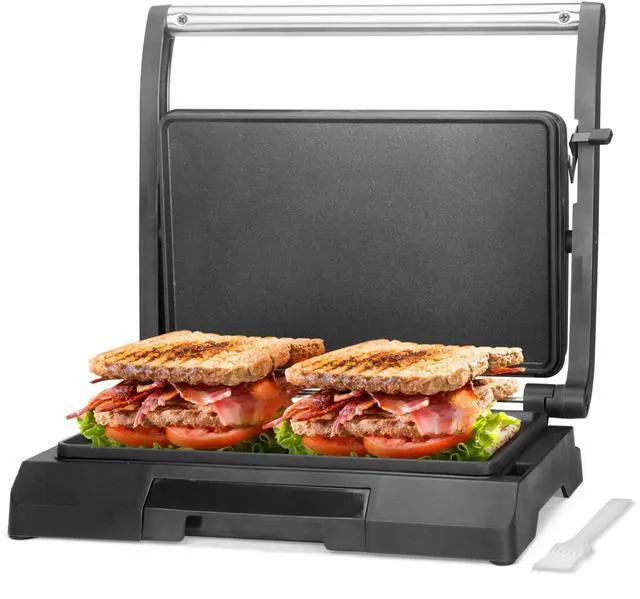 Main image of Mini Panini Press Electric Griddle, 2 Slices of Panini Grill Press Sandwich Maker Press, Sandwichera Electrical for Pancakes & Eggs, Oil Tray, Non Stick Surfaces, Stainless Steel