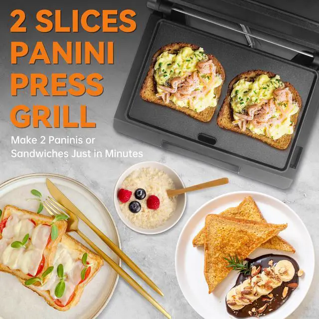 Alt view image 2 of 7 - Mini Panini Press Electric Griddle, 2 Slices of Panini Grill Press Sandwich Maker Press, Sandwichera Electrical for Pancakes & Eggs, Oil Tray, Non Stick Surfaces, Stainless Steel