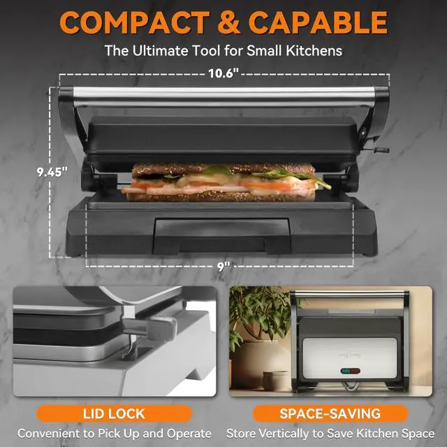 Alt view image 6 of 7 - Mini Panini Press Electric Griddle, 2 Slices of Panini Grill Press Sandwich Maker Press, Sandwichera Electrical for Pancakes & Eggs, Oil Tray, Non Stick Surfaces, Stainless Steel