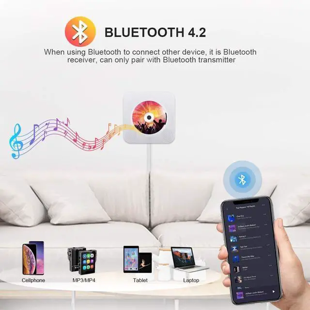 Alt view image 3 of 7 - Portable CD Player with Bluetooth, Wall Mountable CD Players Music Player Home Audio Boombox with Remote Control FM Radio Built-in HiFi Speakers LCD Display MP3 Headphone Jack AUX Input Output