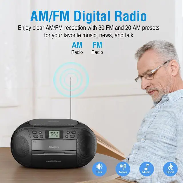 Alt view image 6 of 7 - CBR510 Portable CD/Cassette Player Boombox with Bluetooth, AM/FM Radio, USB Playback, AUX Input, Headphone Jack, LCD Display, AC/Battery Powered Stereo System for Home