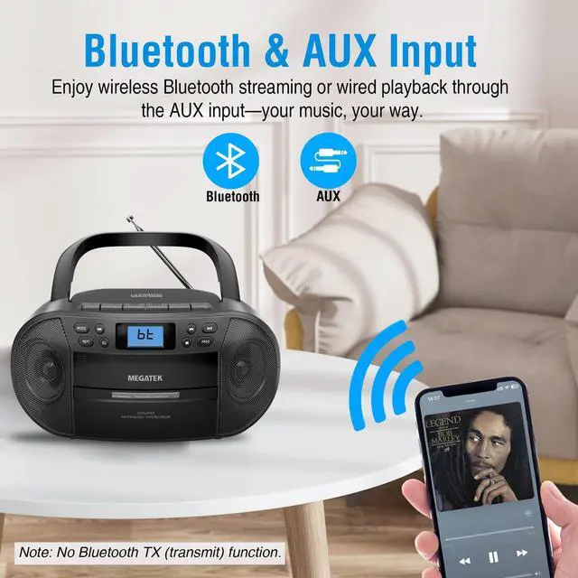 Alt view image 5 of 7 - CBR510 Portable CD/Cassette Player Boombox with Bluetooth, AM/FM Radio, USB Playback, AUX Input, Headphone Jack, LCD Display, AC/Battery Powered Stereo System for Home