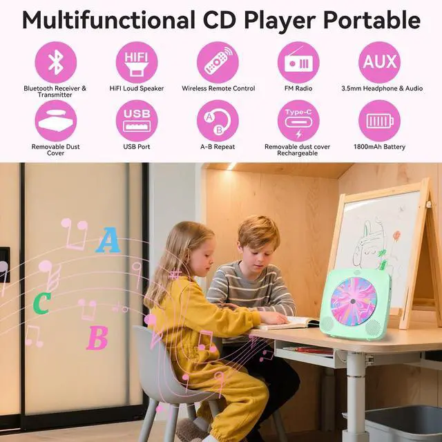 Alt view image 2 of 7 - CD Player Portable Bluetooth Rechargeable: CD Players for Home with 1800mAh Desktop Wall CD Player with Speakers with Dust Cover LCD Screen Display FM Radio USB AUX Jack Remote Control