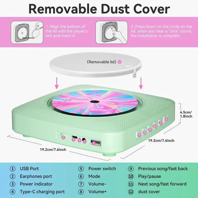 Alt view image 7 of 7 - CD Player Portable Bluetooth Rechargeable: CD Players for Home with 1800mAh Desktop Wall CD Player with Speakers with Dust Cover LCD Screen Display FM Radio USB AUX Jack Remote Control