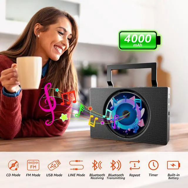 Alt view image 2 of 7 - Portable CD Player Boombox with Bluetooth - Rechargeable CD Player with FM Radio, USB, AUX, Remote Control - Stereo Sound System with 4000mAh Battery - Supports CD/CD-R/CD-RW/MP3/WMA