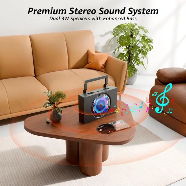 Alt view image 5 of 7 - Portable CD Player Boombox with Bluetooth - Rechargeable CD Player with FM Radio, USB, AUX, Remote Control - Stereo Sound System with 4000mAh Battery - Supports CD/CD-R/CD-RW/MP3/WMA