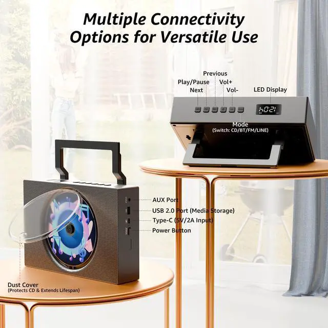 Alt view image 7 of 7 - Portable CD Player Boombox with Bluetooth - Rechargeable CD Player with FM Radio, USB, AUX, Remote Control - Stereo Sound System with 4000mAh Battery - Supports CD/CD-R/CD-RW/MP3/WMA