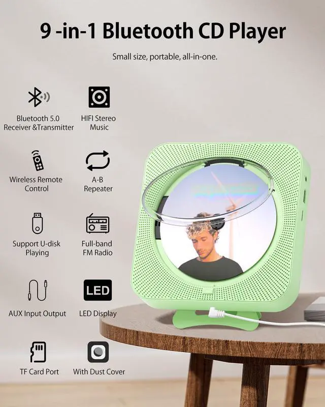 Alt view image 2 of 7 - CD Player Portable Bluetooth Desktop CD Player for Home, Mini Cute CD Players for Kids, Built-in Dual Speakers and LED Display with Remote Control, Supports CD/FM Radio/USB/AUX/Timer/Repeat (Green)