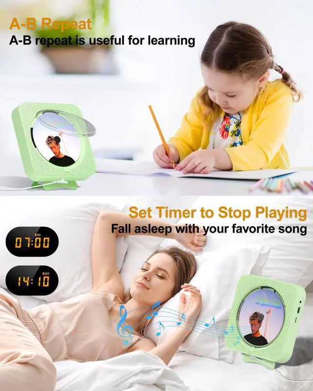 Alt view image 5 of 7 - CD Player Portable Bluetooth Desktop CD Player for Home, Mini Cute CD Players for Kids, Built-in Dual Speakers and LED Display with Remote Control, Supports CD/FM Radio/USB/AUX/Timer/Repeat (Green)