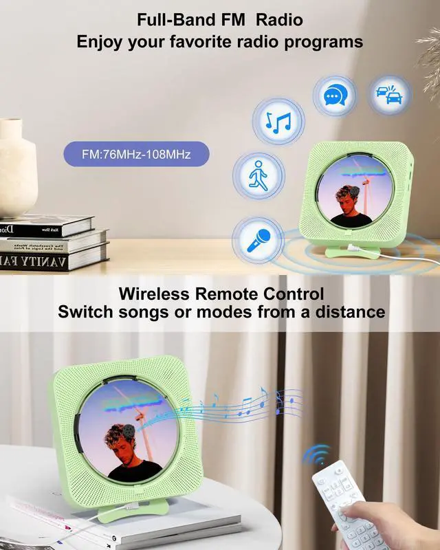 Alt view image 4 of 7 - CD Player Portable Bluetooth Desktop CD Player for Home, Mini Cute CD Players for Kids, Built-in Dual Speakers and LED Display with Remote Control, Supports CD/FM Radio/USB/AUX/Timer/Repeat (Green)