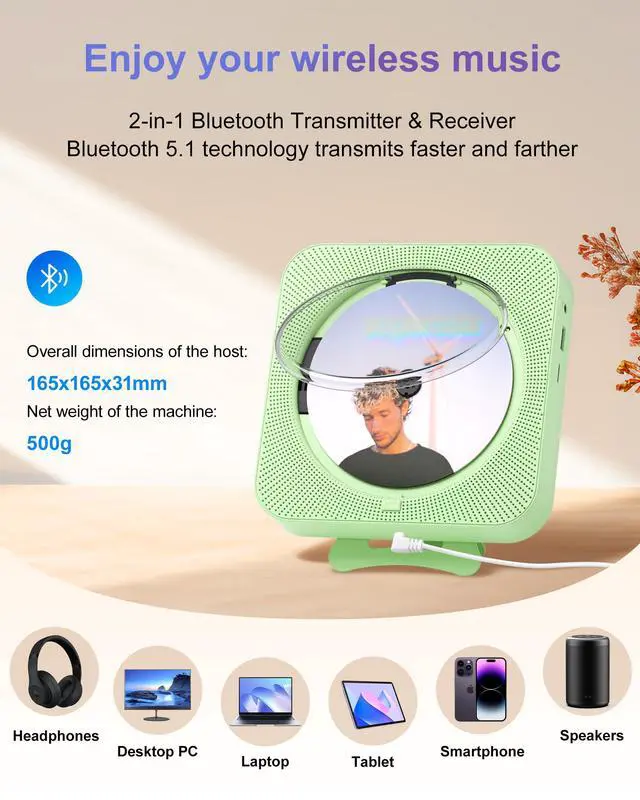 Alt view image 6 of 7 - CD Player Portable Bluetooth Desktop CD Player for Home, Mini Cute CD Players for Kids, Built-in Dual Speakers and LED Display with Remote Control, Supports CD/FM Radio/USB/AUX/Timer/Repeat (Green)