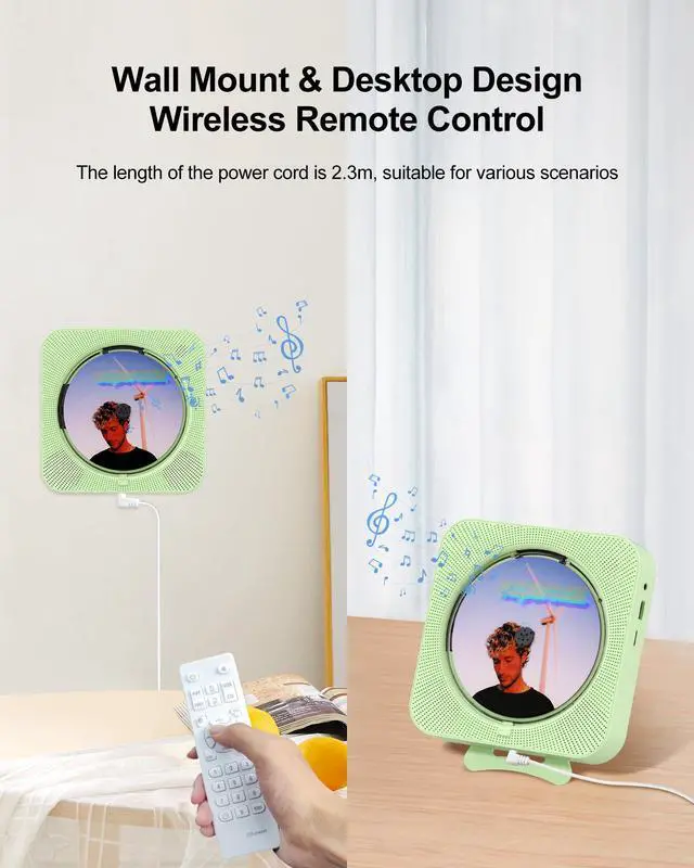 Alt view image 7 of 7 - CD Player Portable Bluetooth Desktop CD Player for Home, Mini Cute CD Players for Kids, Built-in Dual Speakers and LED Display with Remote Control, Supports CD/FM Radio/USB/AUX/Timer/Repeat (Green)