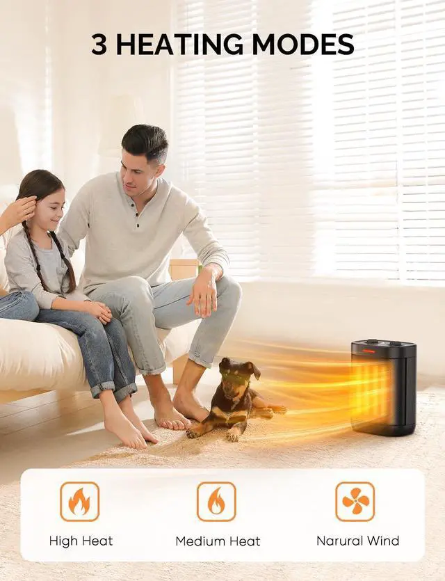 Alt view image 2 of 7 - 1500W PTC Ceramic Space Heater For Indoor Use, Portable Electric Heater with Adjustable Thermostat, Personal Office Heater with Overheat Tip-over, Small Safe for Indoor Home Bedroom