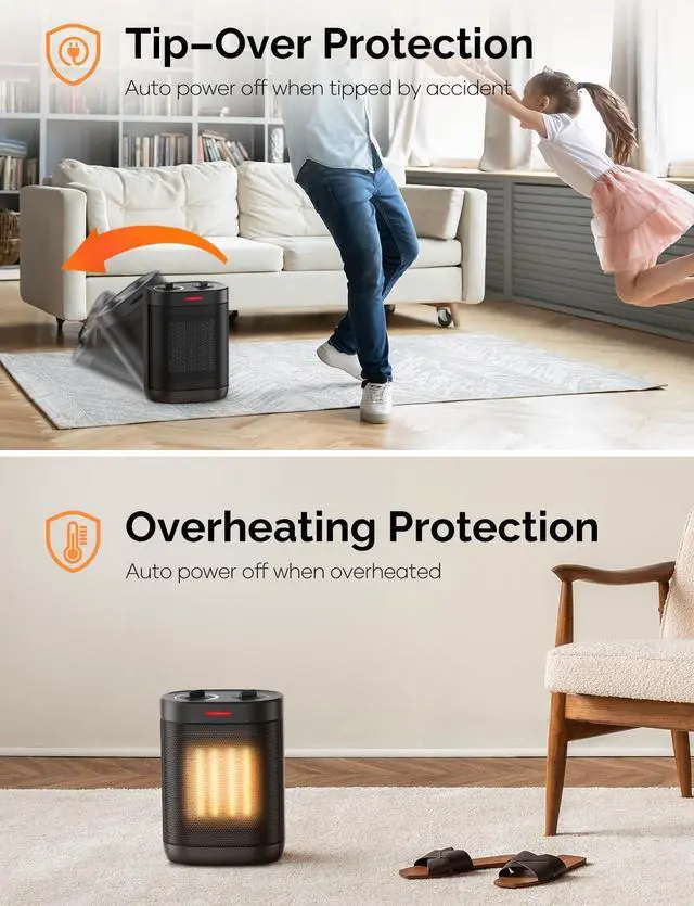 Alt view image 4 of 7 - 1500W PTC Ceramic Space Heater For Indoor Use, Portable Electric Heater with Adjustable Thermostat, Personal Office Heater with Overheat Tip-over, Small Safe for Indoor Home Bedroom