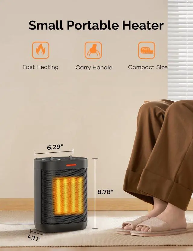 Alt view image 7 of 7 - 1500W PTC Ceramic Space Heater For Indoor Use, Portable Electric Heater with Adjustable Thermostat, Personal Office Heater with Overheat Tip-over, Small Safe for Indoor Home Bedroom