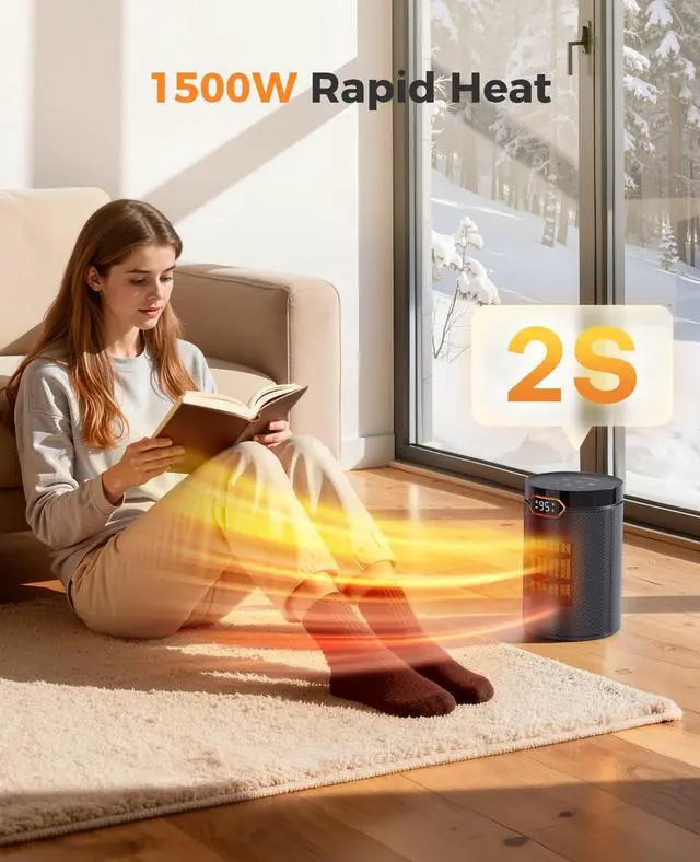 Alt view image 4 of 7 - Space Heater, Portable Electric Heaters for Indoor Use with Thermostat & 24H Timer, 1500W PTC Ceramic Quiet Fast Heating Safety Desk Heater for Home