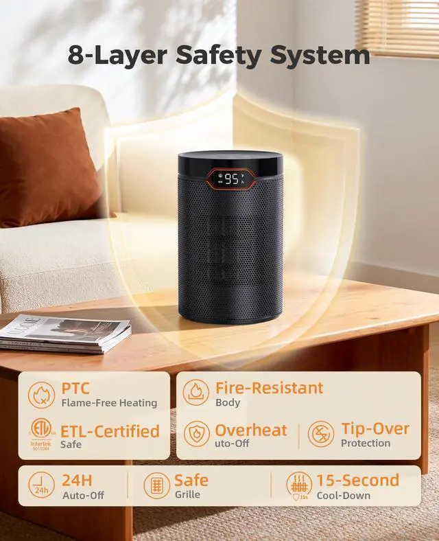 Alt view image 7 of 7 - Space Heater, Portable Electric Heaters for Indoor Use with Thermostat & 24H Timer, 1500W PTC Ceramic Quiet Fast Heating Safety Desk Heater for Home