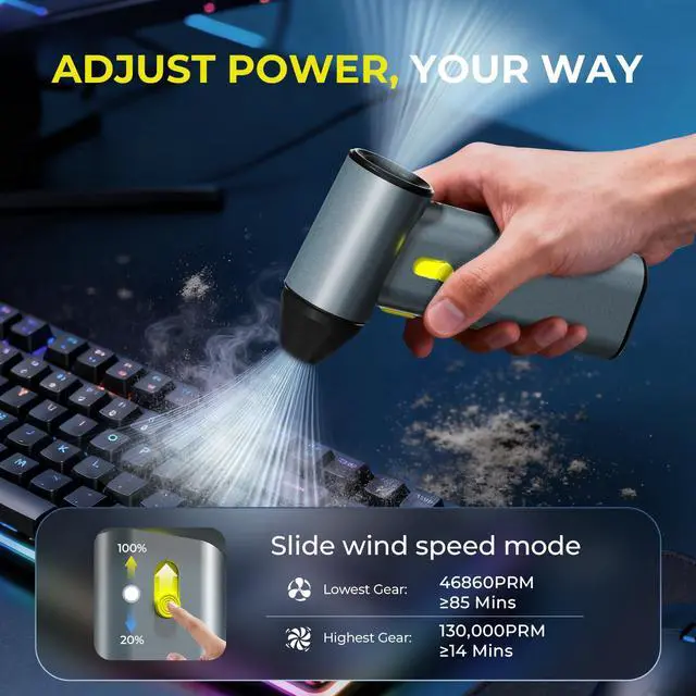 Alt view image 5 of 7 - Compressed Air Duster, 130000RPM Brushless Motor, Super Power Air Duster Electric, Aluminum Alloy Body, Dust Blower with Fast Charging for Car, Computer, Keyboard, Outdoors and House