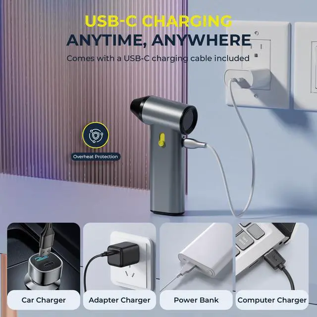 Alt view image 7 of 7 - Compressed Air Duster, 130000RPM Brushless Motor, Super Power Air Duster Electric, Aluminum Alloy Body, Dust Blower with Fast Charging for Car, Computer, Keyboard, Outdoors and House