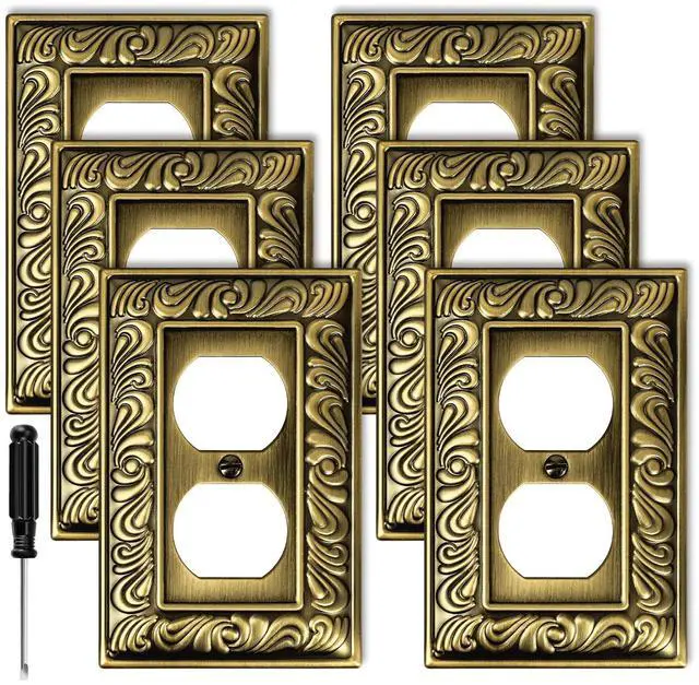Main image of Antique Brass Decorative Duplex Outlet Cover, Decorative Switch Plate Cover | 6 Pack Paisley Pattern Wall Plates for Electrical Outlet, Metal Switch Plates and Receptacle Cover for Kitchen Bathroom