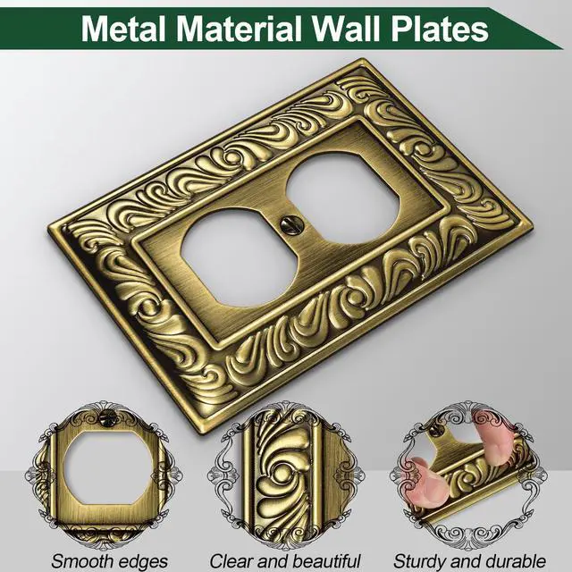 Alt view image 2 of 6 - Antique Brass Decorative Duplex Outlet Cover, Decorative Switch Plate Cover | 6 Pack Paisley Pattern Wall Plates for Electrical Outlet, Metal Switch Plates and Receptacle Cover for Kitchen Bathroom