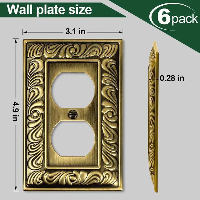 Alt view image 3 of 6 - Antique Brass Decorative Duplex Outlet Cover, Decorative Switch Plate Cover | 6 Pack Paisley Pattern Wall Plates for Electrical Outlet, Metal Switch Plates and Receptacle Cover for Kitchen Bathroom