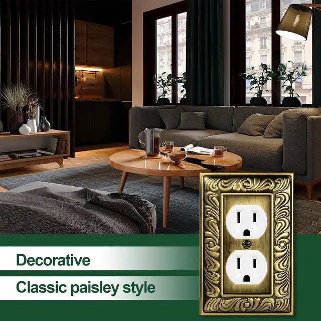 Alt view image 4 of 6 - Antique Brass Decorative Duplex Outlet Cover, Decorative Switch Plate Cover | 6 Pack Paisley Pattern Wall Plates for Electrical Outlet, Metal Switch Plates and Receptacle Cover for Kitchen Bathroom