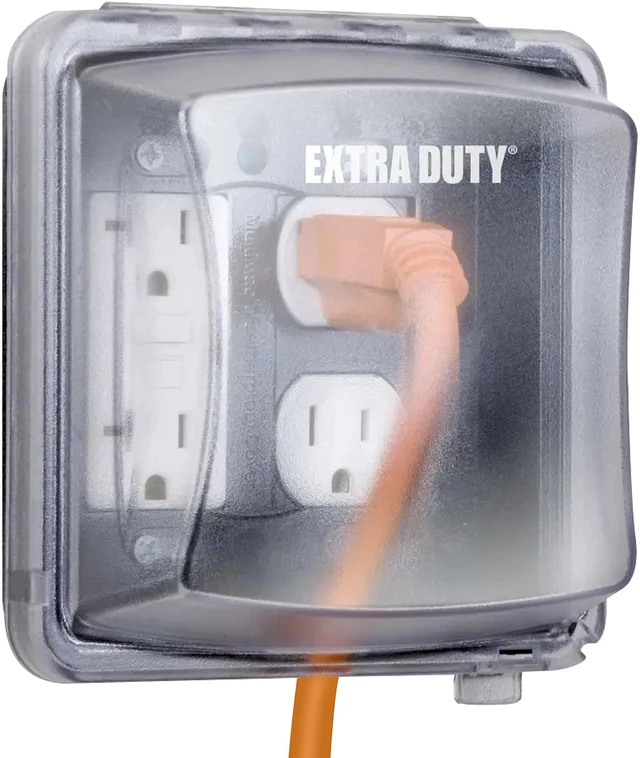 Main image of 2-Gang Weatherproof In-Use Outdoor Outlet Cover, 55-in-1, Clear | EXTRA DUTY Nonmetallic Construction, Clear Weatherproof Outlet Cover, NEMA 3R, UL Listed, 55-in-1 Configuration, Lockable Tab