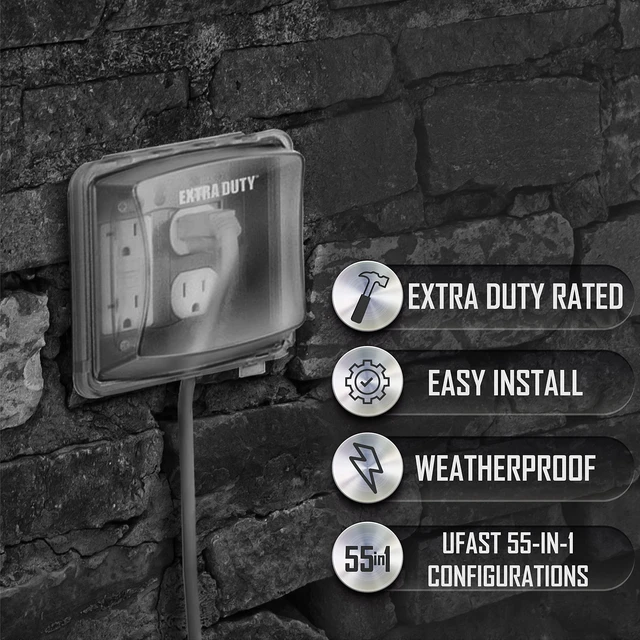 Alt view image 4 of 7 - 2-Gang Weatherproof In-Use Outdoor Outlet Cover, 55-in-1, Clear | EXTRA DUTY Nonmetallic Construction, Clear Weatherproof Outlet Cover, NEMA 3R, UL Listed, 55-in-1 Configuration, Lockable Tab