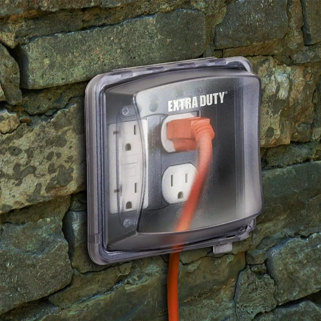 Alt view image 7 of 7 - 2-Gang Weatherproof In-Use Outdoor Outlet Cover, 55-in-1, Clear | EXTRA DUTY Nonmetallic Construction, Clear Weatherproof Outlet Cover, NEMA 3R, UL Listed, 55-in-1 Configuration, Lockable Tab
