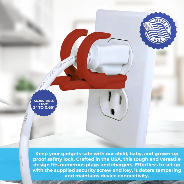 Alt view image 2 of 7 - Adjustable Outlet and Charger Lock - Red | Anti-Theft, Child-Safe Plug Lock cover | Secures 2 or 3 Pronged Plug & Adaptors, Includes Security Screw & Key | Secures Most Cords | Made in USA