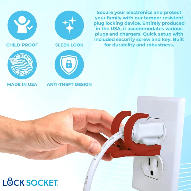 Alt view image 3 of 7 - Adjustable Outlet and Charger Lock - Red | Anti-Theft, Child-Safe Plug Lock cover | Secures 2 or 3 Pronged Plug & Adaptors, Includes Security Screw & Key | Secures Most Cords | Made in USA