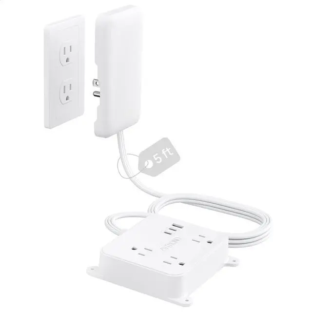 Main image of Flat Outlet Cover Extension Cord, 3 AC Widely Spaced with 2 USB C | 5FT Plug Concealer Power Strip, Wall Mount Behind TV, Hidden Under In-Drawer Desk Cabinet Vanity Counter