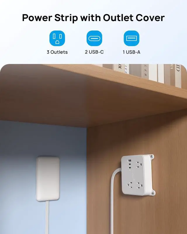 Alt view image 2 of 7 - Flat Outlet Cover Extension Cord, 3 AC Widely Spaced with 2 USB C | 5FT Plug Concealer Power Strip, Wall Mount Behind TV, Hidden Under In-Drawer Desk Cabinet Vanity Counter