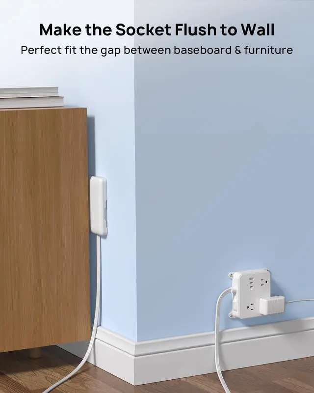 Alt view image 5 of 7 - Flat Power Strip with Outlet Concealer, 10FT Extension Cord with 3 Widely Spaced AC Outlets, 3 USB Charger(2 USB C Ports), Wall Mount Power Strip, Compact for Nightstand Couches Home Essentials