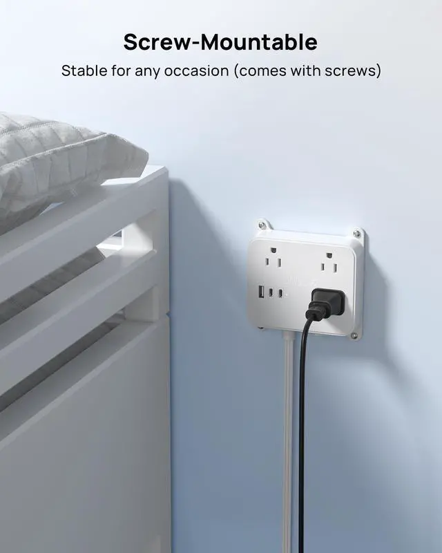 Alt view image 4 of 7 - Flat Power Strip with Outlet Concealer, 10FT Extension Cord with 3 Widely Spaced AC Outlets, 3 USB Charger(2 USB C Ports), Wall Mount Power Strip, Compact for Nightstand Couches Home Essentials