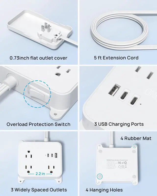 Alt view image 7 of 7 - Flat Outlet Cover Extension Cord, 3 AC Widely Spaced with 2 USB C | 5FT Plug Concealer Power Strip, Wall Mount Behind TV, Hidden Under In-Drawer Desk Cabinet Vanity Counter