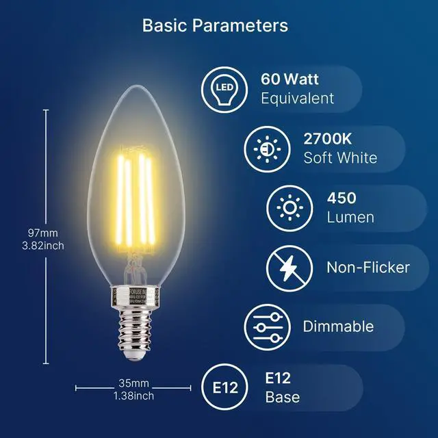 Alt view image 2 of 7 - 60W Equivalent LED Chandelier Light Bulbs, Dimmable, E12 Base, Clear B11 LED Filament Candelabra Bulbs, 2700K Soft White, 6 Pack