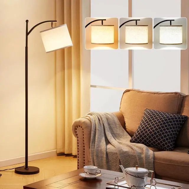 Main image of Tall Floor Lamps with 3 Color Temperatures Bulb & Adjustable Linen Shade, for Living Room, Bedroom, Office, Classroom, Dorm Room (9W Bulb Included), Beige & Black, 60"