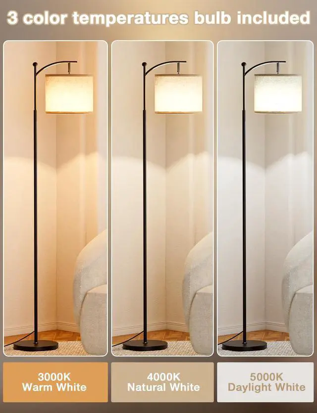 Alt view image 2 of 7 - Tall Floor Lamps with 3 Color Temperatures Bulb & Adjustable Linen Shade, for Living Room, Bedroom, Office, Classroom, Dorm Room (9W Bulb Included), Beige & Black, 60"