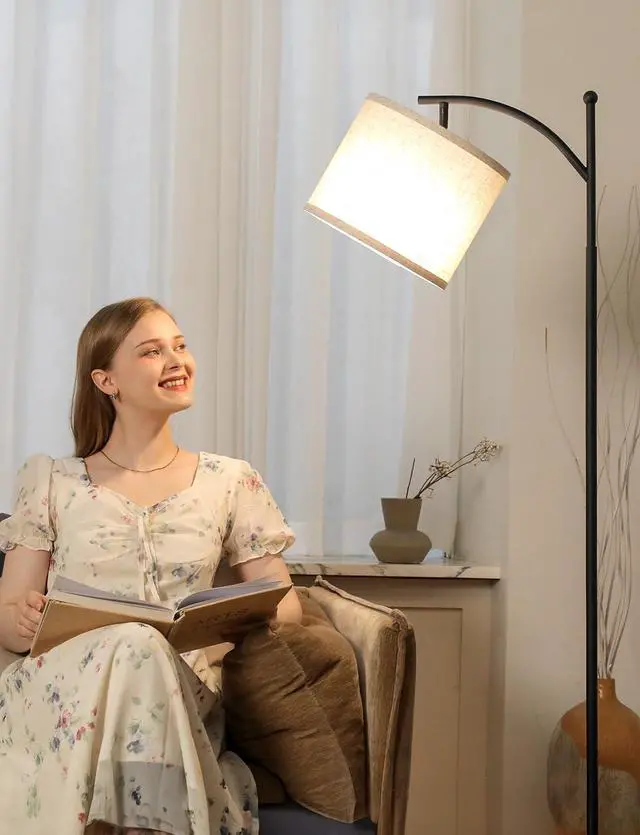 Alt view image 4 of 7 - Tall Floor Lamps with 3 Color Temperatures Bulb & Adjustable Linen Shade, for Living Room, Bedroom, Office, Classroom, Dorm Room (9W Bulb Included), Beige & Black, 60"