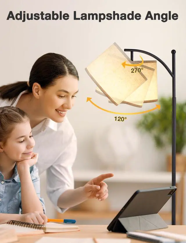 Alt view image 3 of 7 - Tall Floor Lamps with 3 Color Temperatures Bulb & Adjustable Linen Shade, for Living Room, Bedroom, Office, Classroom, Dorm Room (9W Bulb Included), Beige & Black, 60"
