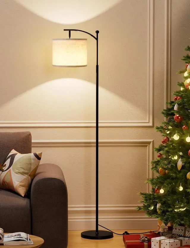 Alt view image 5 of 7 - Tall Floor Lamps with 3 Color Temperatures Bulb & Adjustable Linen Shade, for Living Room, Bedroom, Office, Classroom, Dorm Room (9W Bulb Included), Beige & Black, 60"