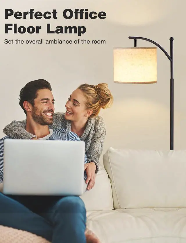 Alt view image 6 of 7 - Tall Floor Lamps with 3 Color Temperatures Bulb & Adjustable Linen Shade, for Living Room, Bedroom, Office, Classroom, Dorm Room (9W Bulb Included), Beige & Black, 60"