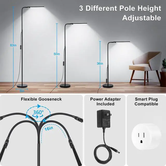 Alt view image 4 of 7 - LED Floor Lamp, 18W/2000LM Bright Reading Floor Lamp for Office with Double Head, Adjustable Gooseneck Dimmable Modern Standing Light for Lash Extension Craft, Eye Caring Floor Lamps for Living Room