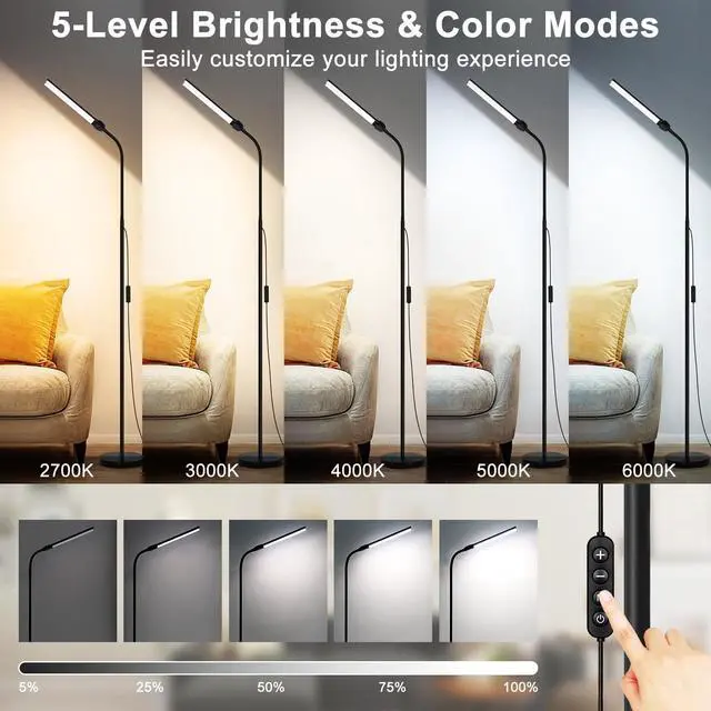 Alt view image 3 of 7 - LED Floor Lamp, 18W/2000LM Bright Reading Floor Lamp for Office with Double Head, Adjustable Gooseneck Dimmable Modern Standing Light for Lash Extension Craft, Eye Caring Floor Lamps for Living Room