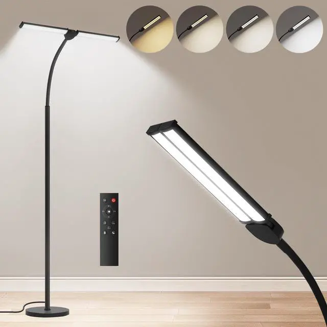 Main image of LED Floor Lamp for Living Room, Bright Reading Lamps for Office, Adjustable Colors Temperatures&Brightness, Dual Head Goose-Neck Standing Lamp, Remote and Button Control, Eye Caring Tall Lamp, Black