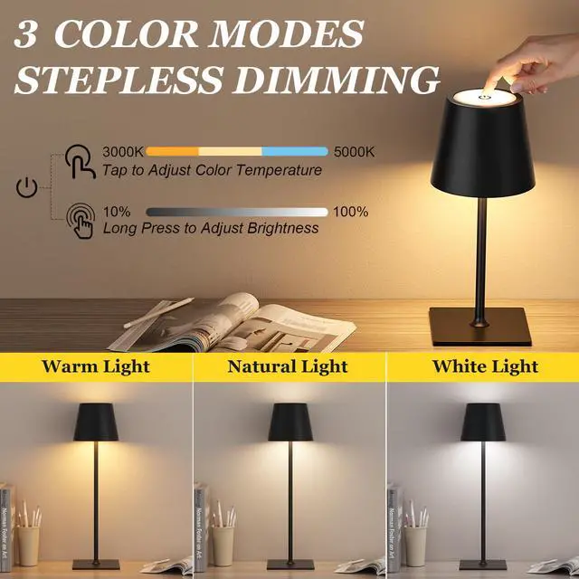 Alt view image 2 of 7 - Cordless Rechargeable Table Lamp Black 5000mAh Battery Operated Lamps, 3 Colors Stepless Dimming Touch Lamp for Living Room, Kitchen Counter, Dining, Outdoor Patio, 2 Pack