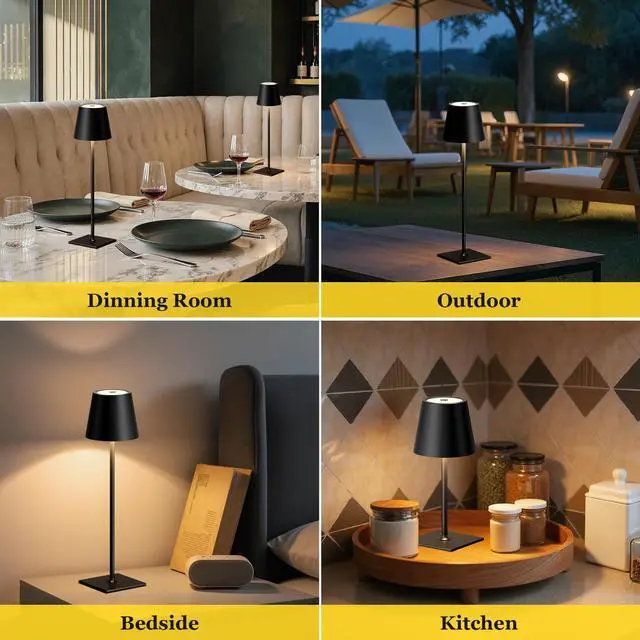 Alt view image 3 of 7 - Cordless Rechargeable Table Lamp Black 5000mAh Battery Operated Lamps, 3 Colors Stepless Dimming Touch Lamp for Living Room, Kitchen Counter, Dining, Outdoor Patio, 2 Pack