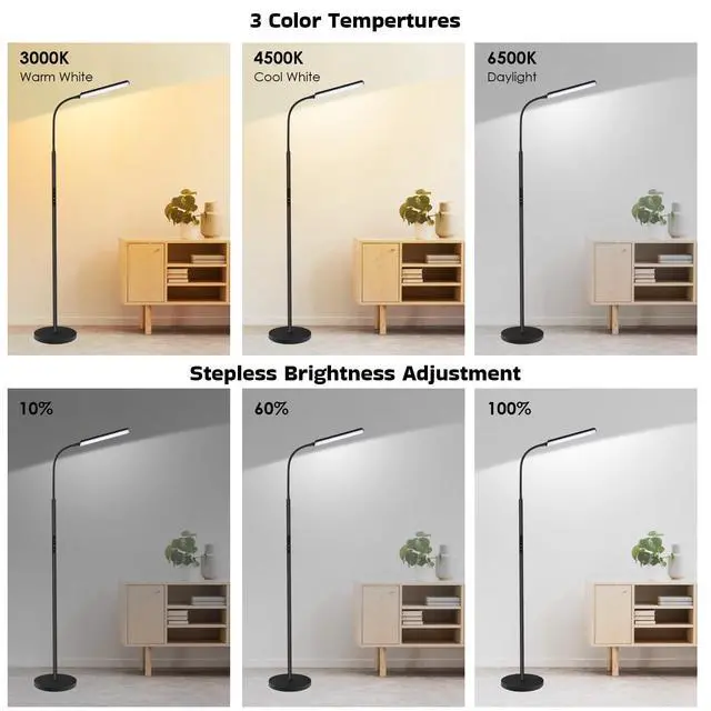 Alt view image 4 of 7 - LED Floor Lamp, Bright 15W Floor Lamps for Living Room with 1H Timer, Stepless Adjustable 3000K-6000K Colors & Brightness Standing Lamp with Remote & Touch Control Reading Floor Lamps